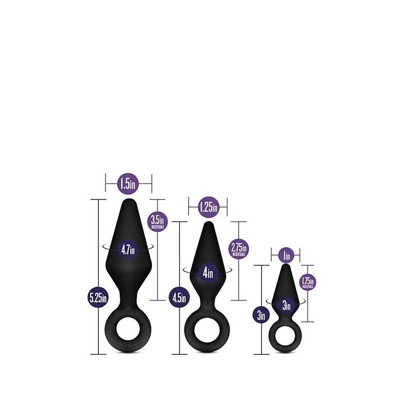 Zestaw do treningu analnego Night Rimmer Kit Black - 3 silikonowe wtyczki z pętlą chwytną - 3