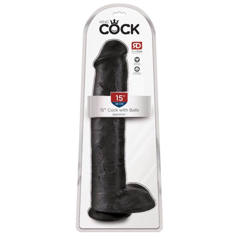 Dildo XXL Cock with Balls 15" Dark — realistyczny, z podstawą ssącą i jądrami, 38,1 cm, Ø7,6 cm - 1