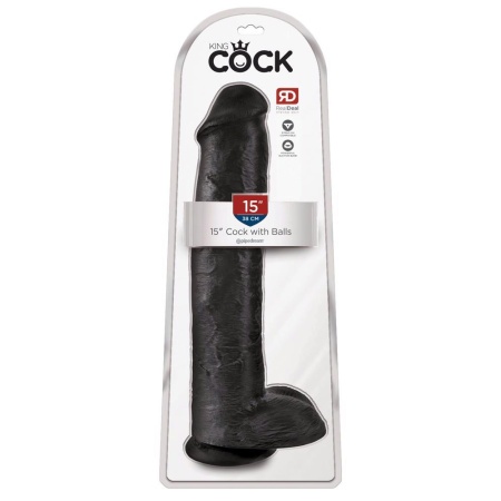 Dildo XXL Cock with Balls 15" Dark — realistyczny, z podstawą ssącą i jądrami, 38,1 cm, Ø7,6 cm - 1