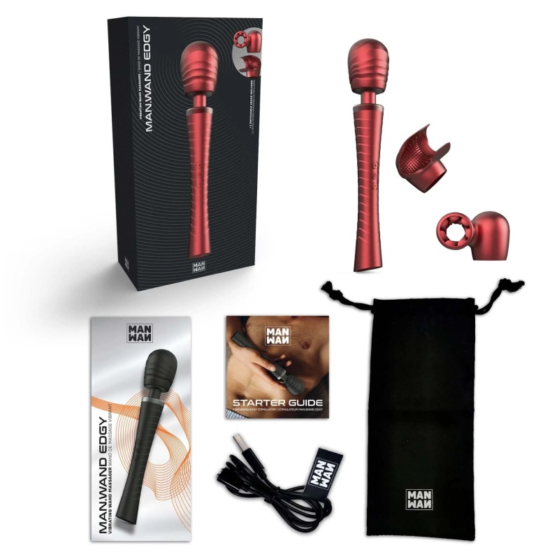 Masażer wibracyjny MAN.WAND EDGY VELVET RED - technologia Sense Touch, 5 trybów, IPX7, wymienne końcówki - 2