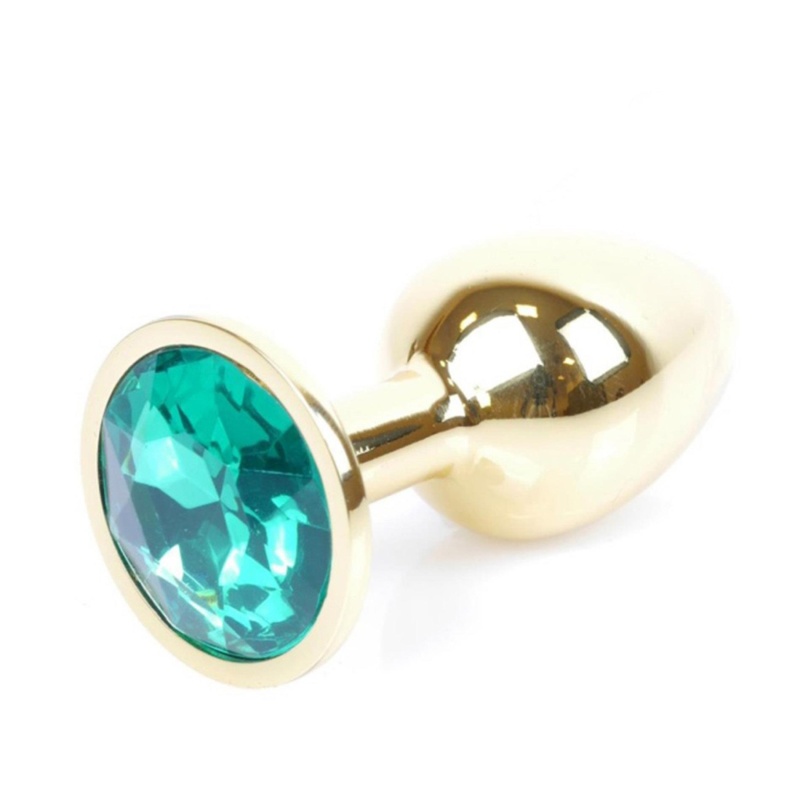 Korek analny Jewellery Gold PLUG Green - stal nierdzewna, profil bulwiasty z wąską szyjką i podstawą z kamieniem, długość 7 cm, - 1