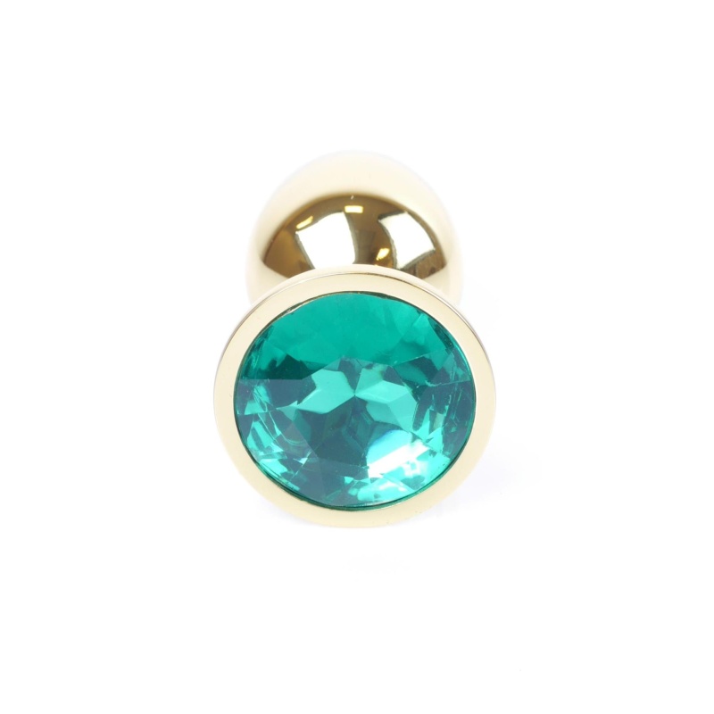 Korek analny Jewellery Gold PLUG Green - stal nierdzewna, profil bulwiasty z wąską szyjką i podstawą z kamieniem, długość 7 cm, - 2