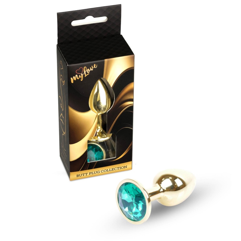 Korek analny Jewellery Gold PLUG Green - stal nierdzewna, profil bulwiasty z wąską szyjką i podstawą z kamieniem, długość 7 cm, - 8