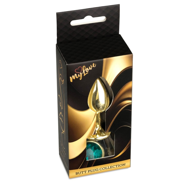 Korek analny Jewellery Gold PLUG Green - stal nierdzewna, profil bulwiasty z wąską szyjką i podstawą z kamieniem, długość 7 cm, - 9