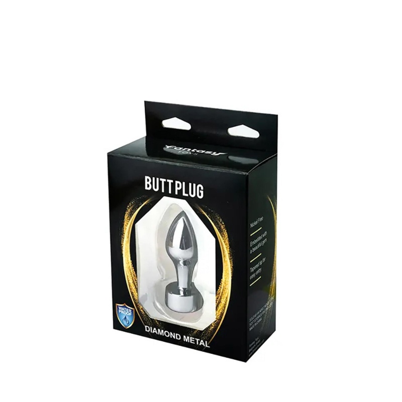 Srebrny butt plug z różowym diamentem - stal nierdzewna bez niklu, długość całkowita 7,7 cm, długość użytkowa 6 cm, średnica 2,8 - 3