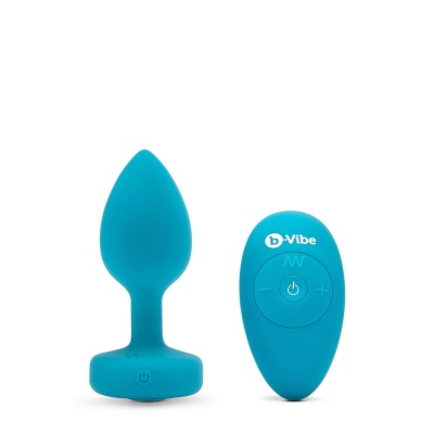 Korek analny b-Vibe Vibrating Jewel Plug S/M Teal - bezszwowy silikon medyczny z pilotem, długość użytkowa 7,6 cm - 1 2
