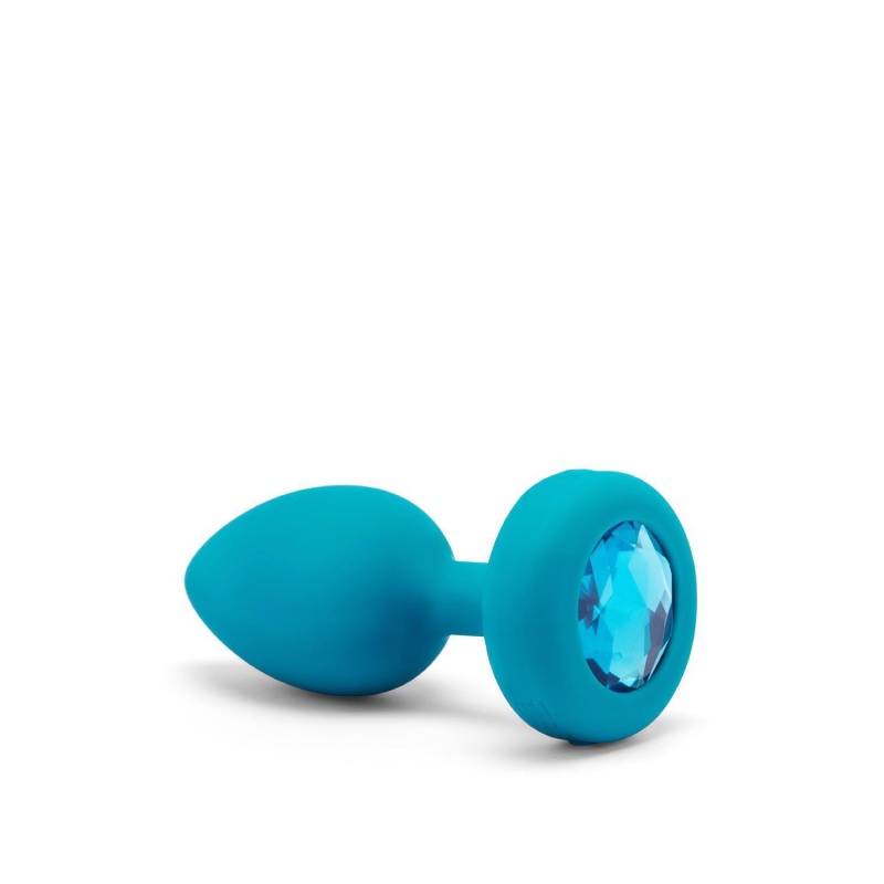 Korek analny b-Vibe Vibrating Jewel Plug S/M Teal - bezszwowy silikon medyczny z pilotem, długość użytkowa 7,6 cm - 5