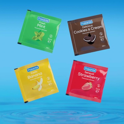 Pasante Smakowe Lubrykanty w Saszetkach 144 x 5ml – Truskawka, Mięta, Ciasteczka i Banan - 1 2