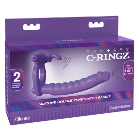 Silikonowy pierścień 3w1 Double Penetrator z dildo analnym i stymulatorem króliczka, 19,5 cm - 1