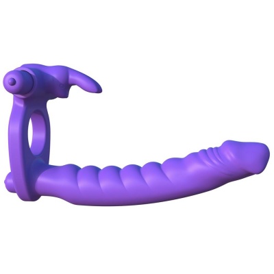 Silikonowy pierścień 3w1 Double Penetrator z dildo analnym i stymulatorem króliczka, 19,5 cm - 1 2