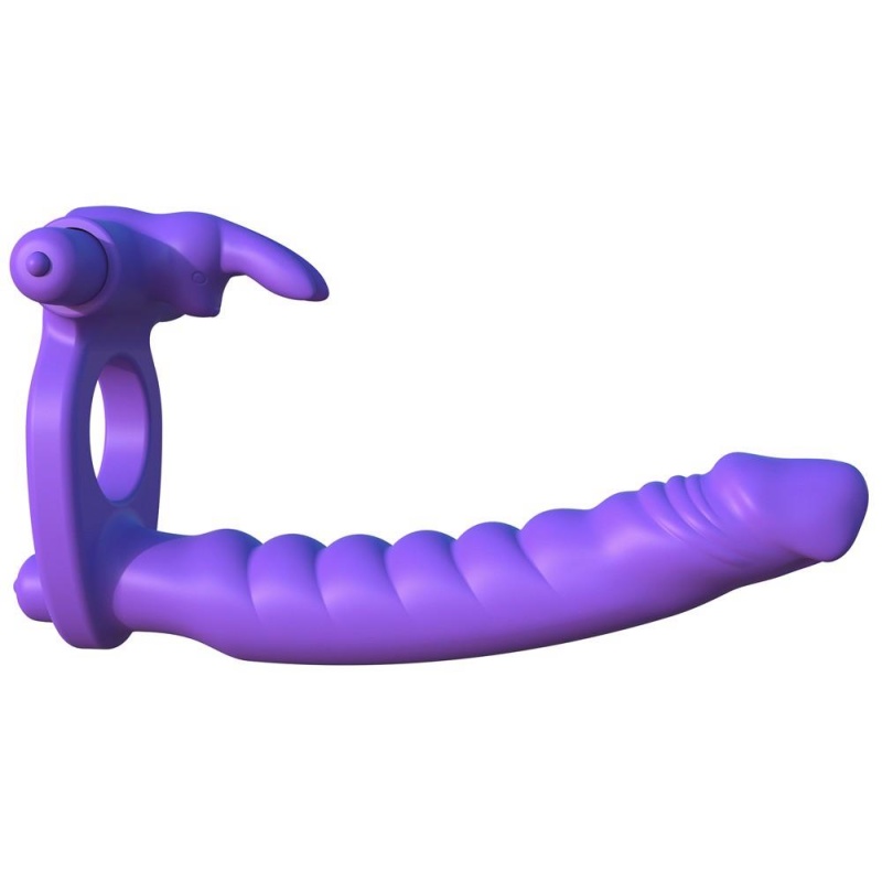 Silikonowy pierścień 3w1 Double Penetrator z dildo analnym i stymulatorem króliczka, 19,5 cm - 2