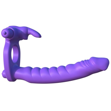 Silikonowy pierścień 3w1 Double Penetrator z dildo analnym i stymulatorem króliczka, 19,5 cm - 2