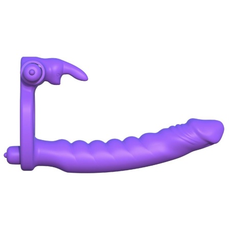 Silikonowy pierścień 3w1 Double Penetrator z dildo analnym i stymulatorem króliczka, 19,5 cm - 3
