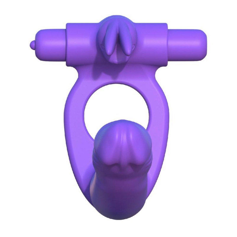 Silikonowy pierścień 3w1 Double Penetrator z dildo analnym i stymulatorem króliczka, 19,5 cm - 6