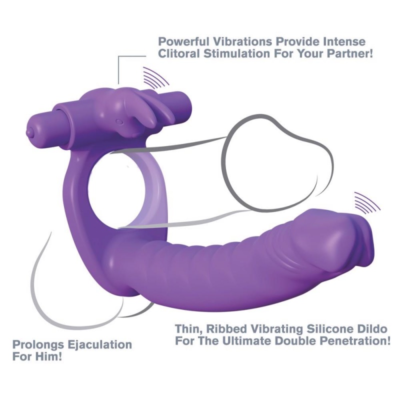Silikonowy pierścień 3w1 Double Penetrator z dildo analnym i stymulatorem króliczka, 19,5 cm - 7