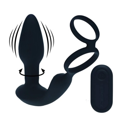 Dual Vibrating Remote Rotating Beads Silicone Prostate Stimulator with Cock and Ball Ring - Black - 1