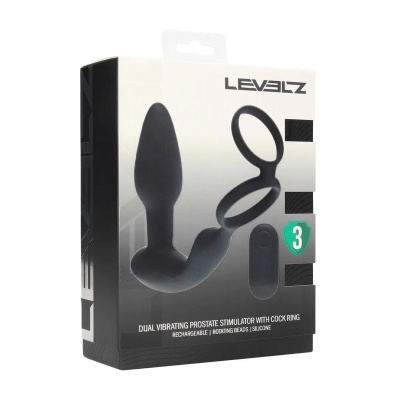 Dual Vibrating Remote Rotating Beads Silicone Prostate Stimulator with Cock and Ball Ring - Black - 1 2