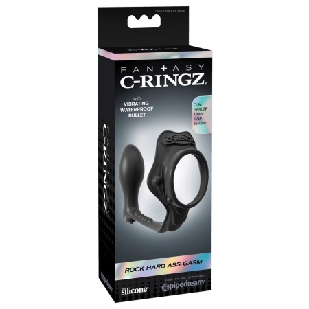 Pierścień na penisa z wtyczką analną FCR Rock Hard Ass Gasm — wibrujący zestaw 2w1, silikon i ABS, średnica pierścienia 4 cm, dł - 1
