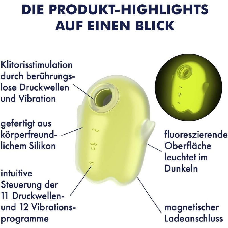 Stymulator łechtaczkowy Satisfyer Glowing Ghost Yellow - bezdotykowa stymulacja Air Pulse i wibracje, 8,2 cm, IPX7 - 3
