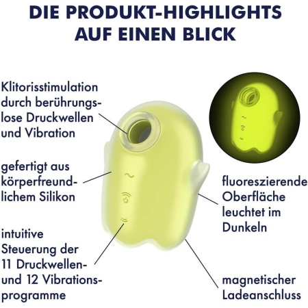 Stymulator łechtaczkowy Satisfyer Glowing Ghost Yellow - bezdotykowa stymulacja Air Pulse i wibracje, 8,2 cm, IPX7 - 3