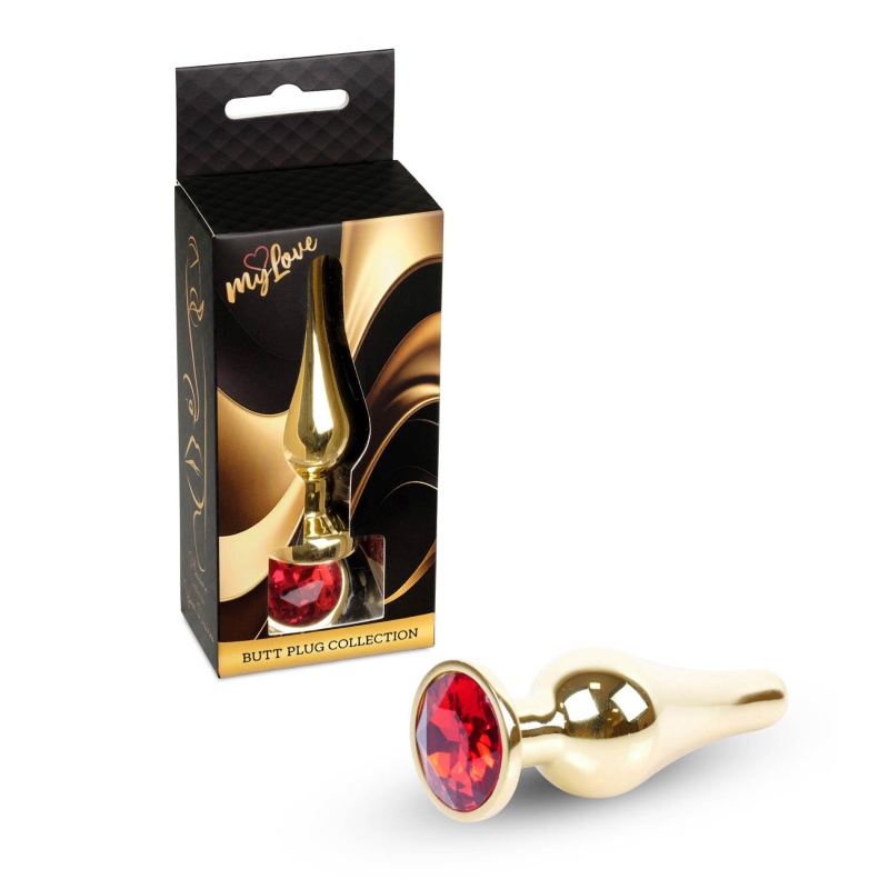 Biżuteria analna Jewellery Gold Butt Plug Red - stal nierdzewna, anatomiczny kształt z podstawą, długość 9,5 cm, średnica 3 cm - 8