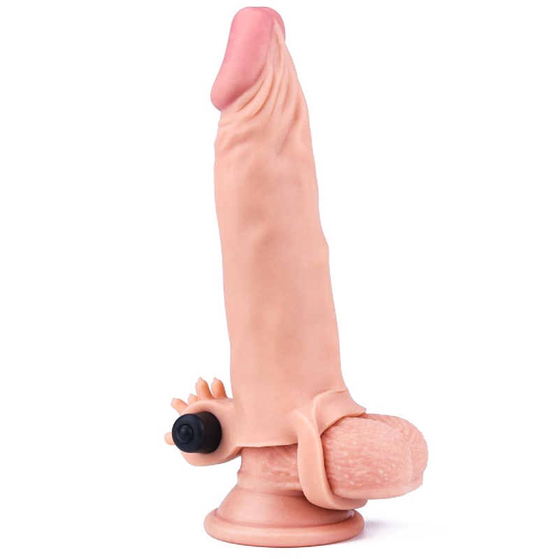 Przedłużacz penisa Pleasure X Tender z wibracją – 2 cale (5 cm) przedłużenia, kolor cielisty, TPE - 4