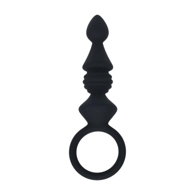 Ribbed Silicone Anal Probe with Loop - Black - 1