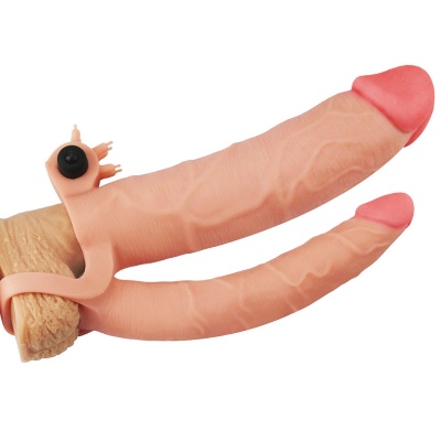 Podwójna nakładka na penisa Pleasure X Tender z wibracją 21,6 cm i dildo analne 17,3 cm - 1 2