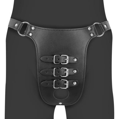 PU Leather Chastity Belt with Straps - Black - 1