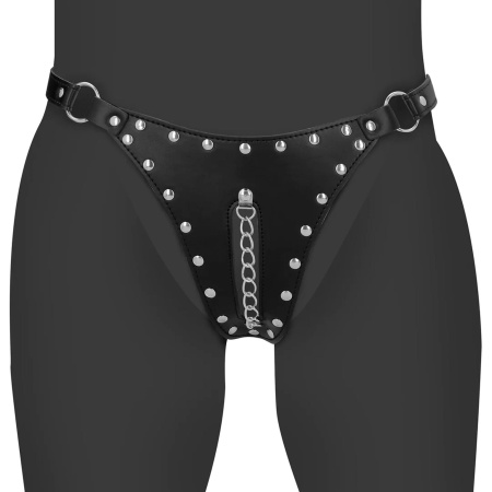 PU Leather Chastity Thong with Chain Detail - Black - 1