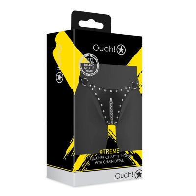 PU Leather Chastity Thong with Chain Detail - Black - 1 2