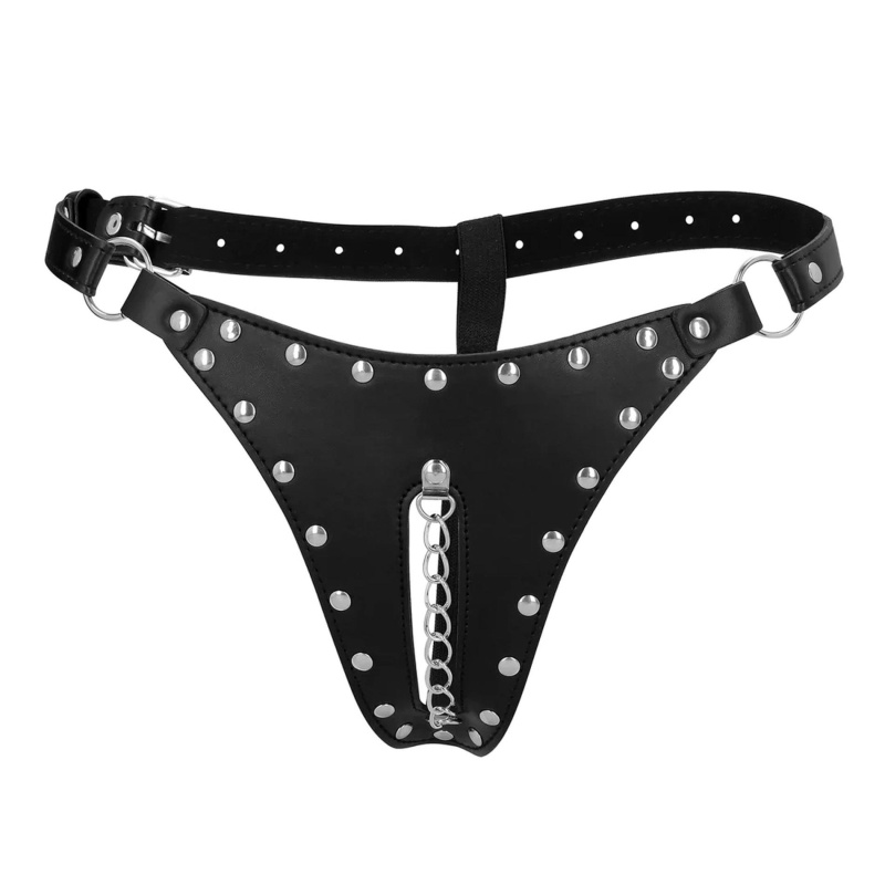 PU Leather Chastity Thong with Chain Detail - Black - 4