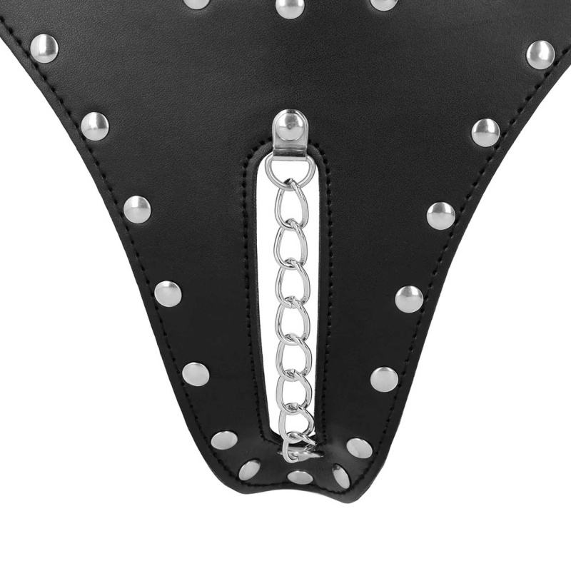 PU Leather Chastity Thong with Chain Detail - Black - 6