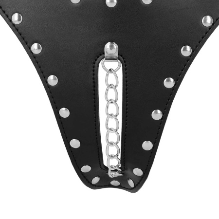 PU Leather Chastity Thong with Chain Detail - Black - 6