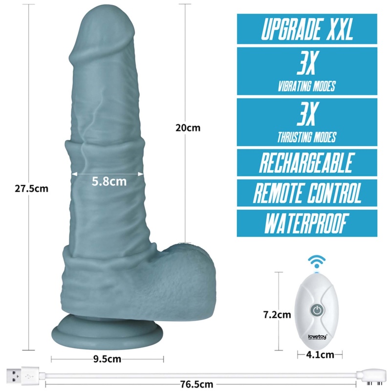 Dildo z ruchem posuwisto-zwrotnym i wibracjami 28 cm Silikon Dwusieciowy – Jasnoszary - 16