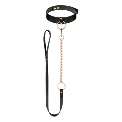 Obroża erotyczna z odczepianą smyczą Collar with Leash Black - czarna, ekologiczna skóra, regulowany obwód - 1