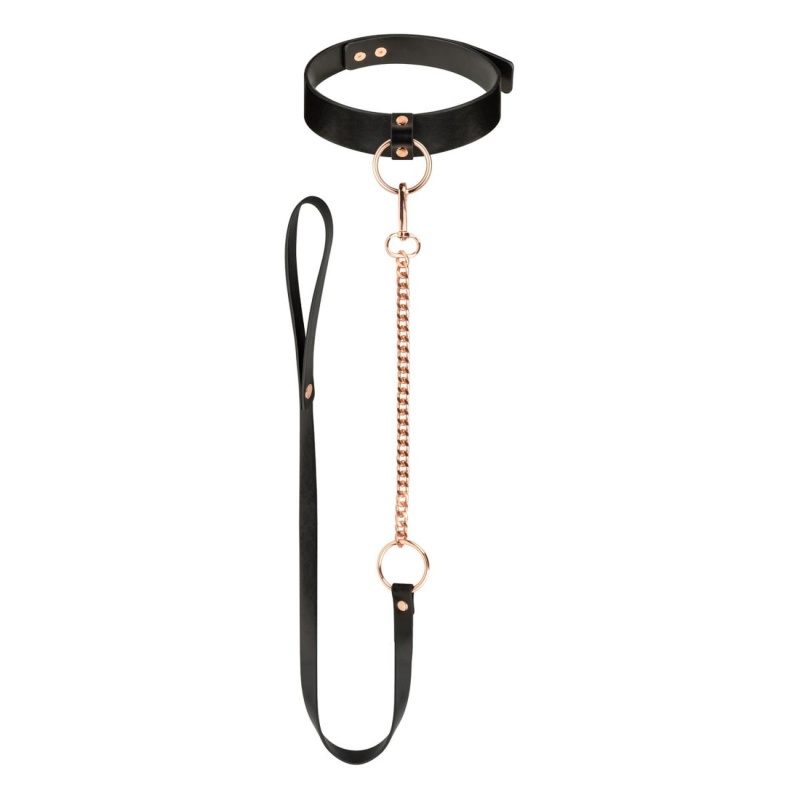 Obroża erotyczna z odczepianą smyczą Collar with Leash Black - czarna, ekologiczna skóra, regulowany obwód - 1
