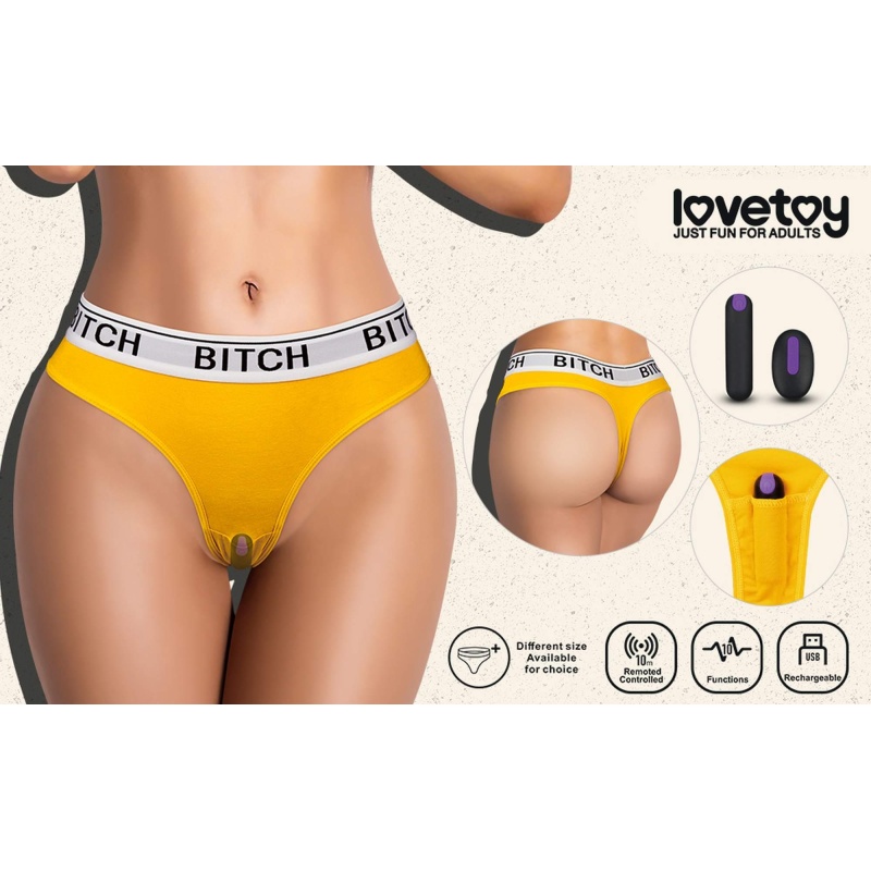 Wibrujące stringi Bitch M/L (71-84 cm) z wibratorem bullet – żółte - 15