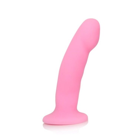 Cici - zakrzywione dildo w kolorze różowym z silikonu platynowego, z rozszerzaną podstawą do uprzęży i funkcją przyssawki, 16,5 - 2