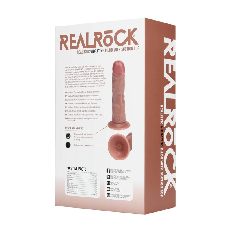 Wibrujące dildo RealRock Curved - Zakrzywiony Trzon z Żyłkami, Przyssawka, 10 Trybów Wibracji, 15,5 cm, Kolor Tan - 4