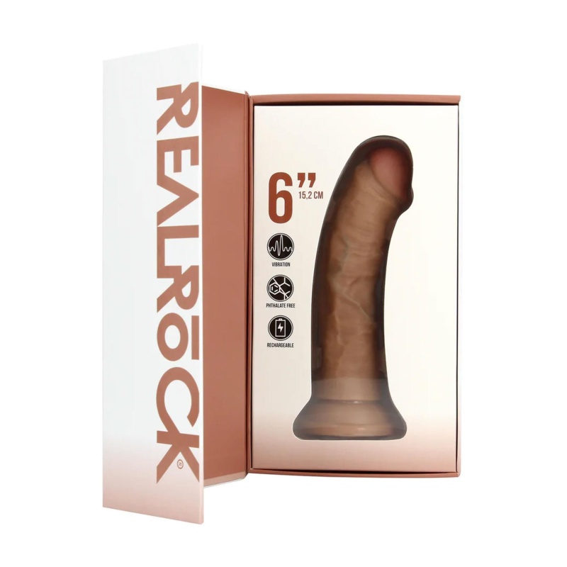 Wibrujące dildo RealRock Curved - Zakrzywiony Trzon z Żyłkami, Przyssawka, 10 Trybów Wibracji, 15,5 cm, Kolor Tan - 5