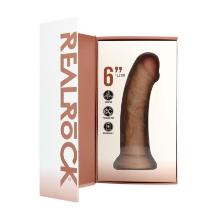 Wibrujące dildo RealRock Curved - Zakrzywiony Trzon z Żyłkami, Przyssawka, 10 Trybów Wibracji, 15,5 cm, Kolor Tan - 5