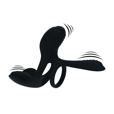 Triple Motor Vibrating Silicone Cockring - Black - 1