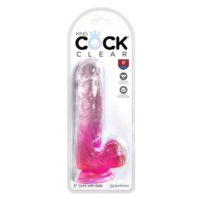 Dildo KingCockClear 6 z jądrami i przyssawką, przezroczysty róż, 17,8 cm, śred. 3,8 cm - 1