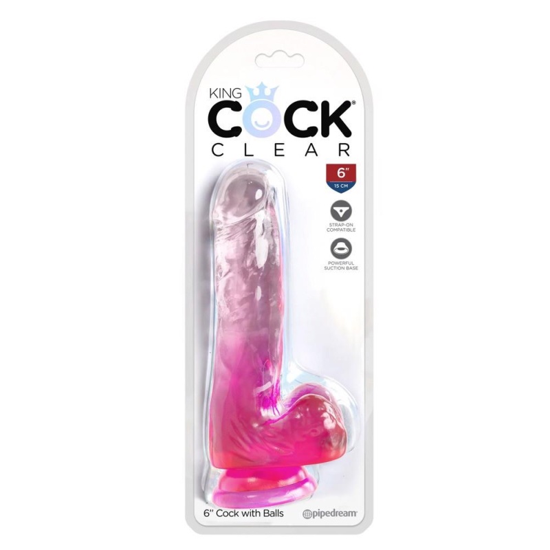 Dildo KingCockClear 6 z jądrami i przyssawką, przezroczysty róż, 17,8 cm, śred. 3,8 cm - 1
