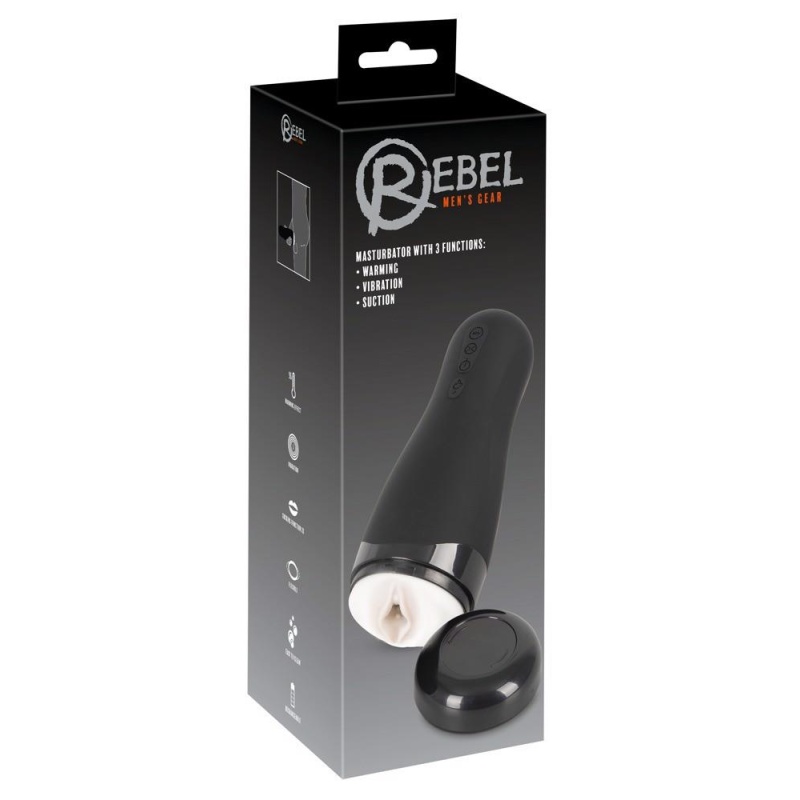 Masturbator Rebel with 3 Functions – rękaw z wypustkami, 5 wzorów wibracji, podgrzewanie do 42°C i ssanie, 26 cm - 1