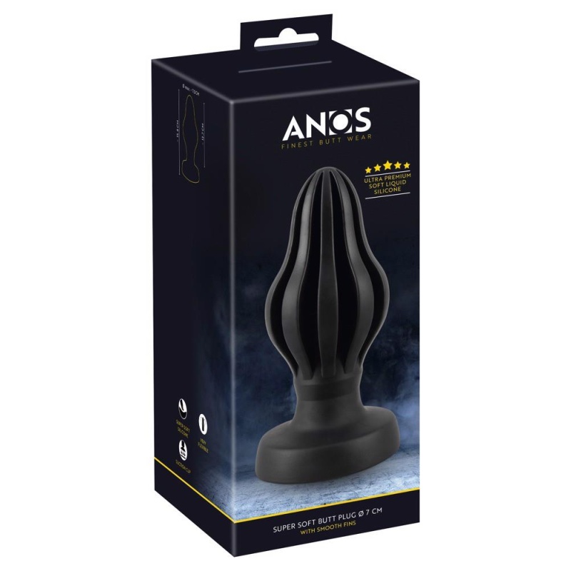 Korek analny ANOS Super Soft 7 cm – stożkowy, rowkowany, z przyssawką, długość całkowita 15,8 cm - 1