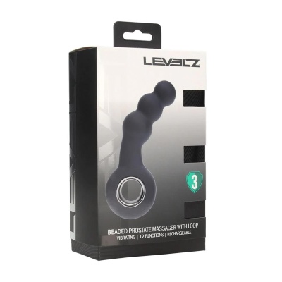 Vibrating Beaded Silicone Prostate Massager with Loop - Black - 1 2