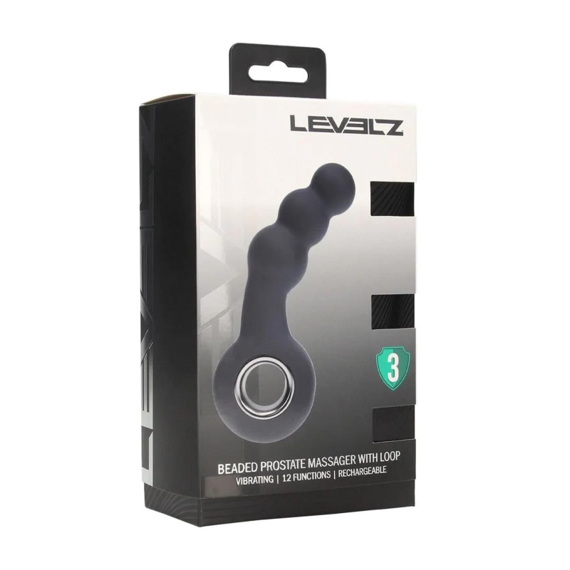 Vibrating Beaded Silicone Prostate Massager with Loop - Black - 2