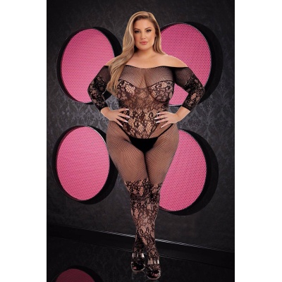 LAPDANCE OFF-THE-SHOULDER LACE BODYSTOCKING BLACK, QUEEN - 1 2